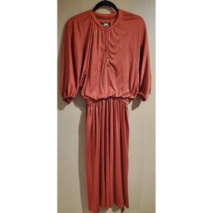 Vintage Sue Brett Orange Mother of Pearl Midi Dress Sz M 70s 80s Hippie